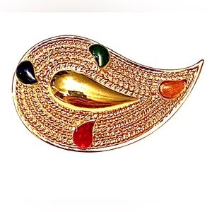Vintage 90s Paisley Gold Jewel Tone Brooch